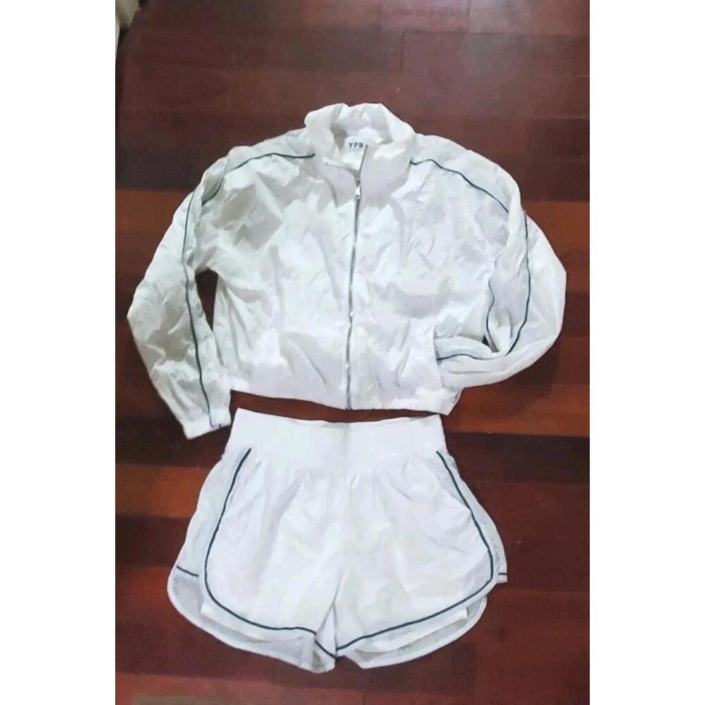 YPB Jacket Shorts Set Womens S-M Full Zip Lounge Activewear Matching White Blue - Picture 2 of 9